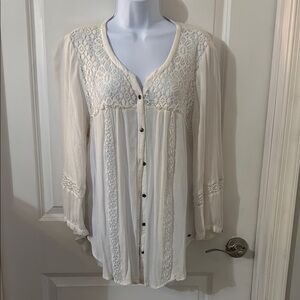 American Eagle Outfitters Cream 3/4 Sleeve Embellished Blouse